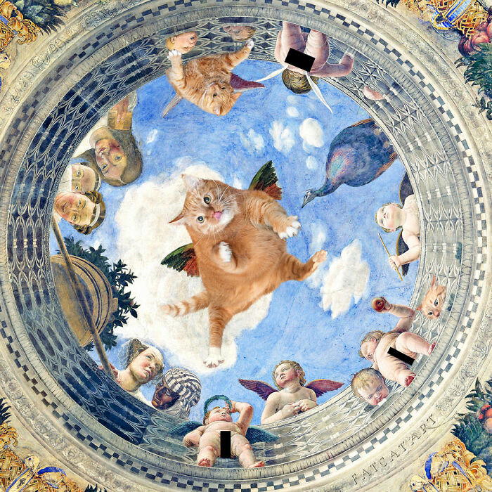 A fat orange cat with wings flies among cherubs in a classical ceiling painting, a hilarious twist.