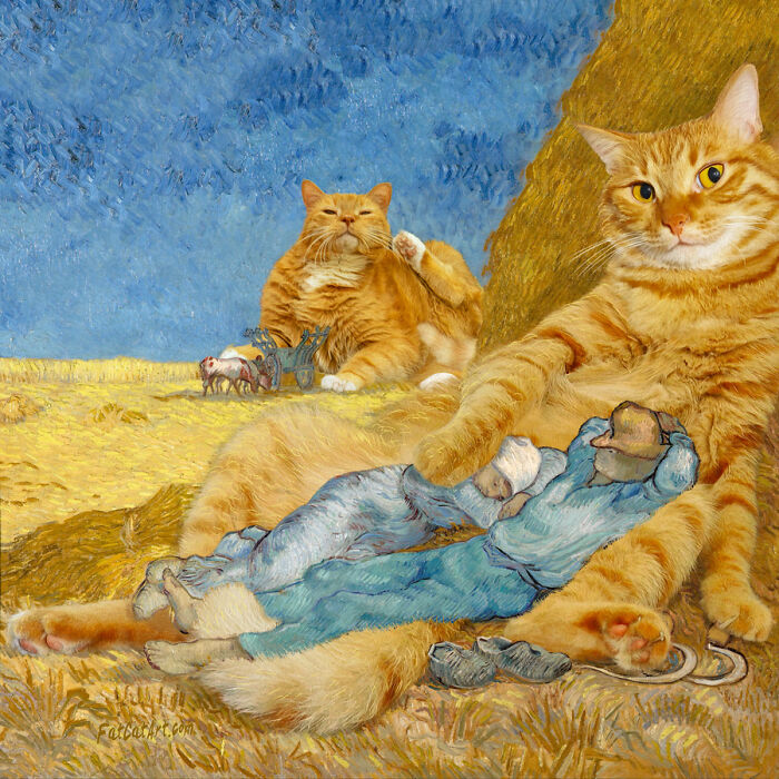 Two fat orange cats in a classical painting, one huge, with sleeping figures below, a hilarious twist.