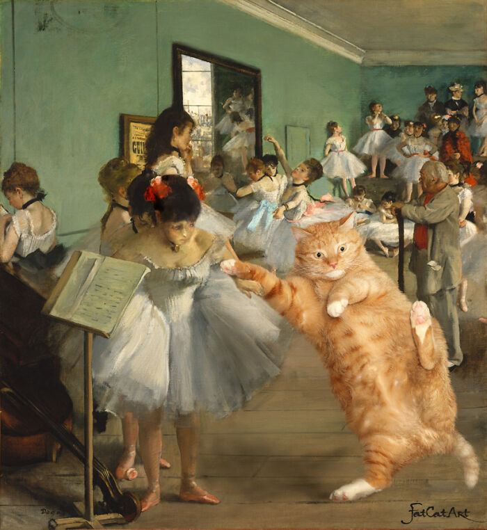 A fat orange cat dances with a ballerina in a hilarious twist on a famous classical painting of ballerinas.