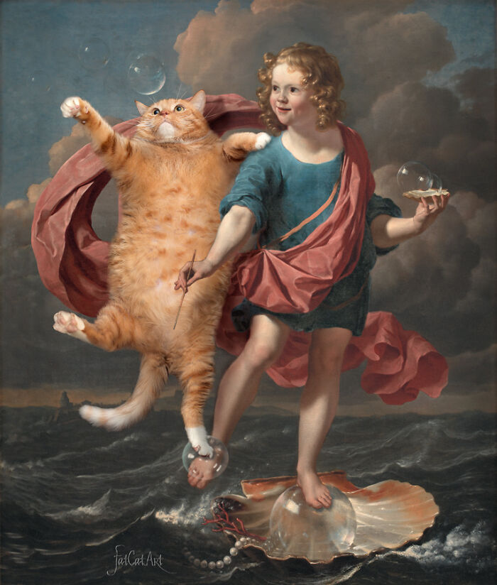 A fat orange cat standing with a child in a classical painting on the ocean, a hilarious twist.