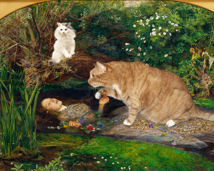 A fat orange cat interacts with a drowning woman in a classical painting, a hilarious twist.
