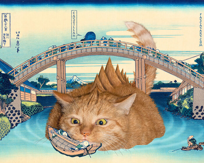 A giant fat orange cat with mountains on its back, eating a boat, in a hilarious twist on a classical painting.