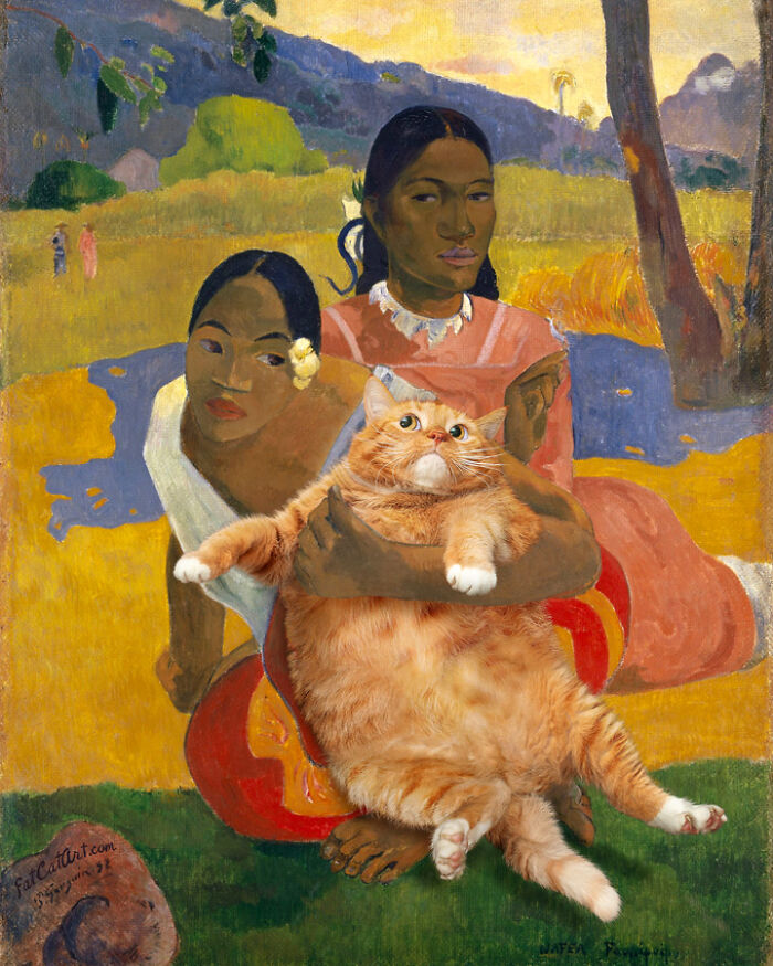 Two figures from a classical painting hold a fat orange cat in a hilarious twist on the original artwork.