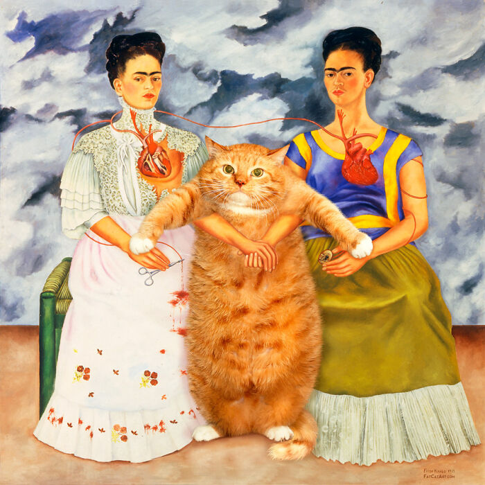 A fat orange cat between two figures in a hilarious twist on a classical painting, connecting their hearts.