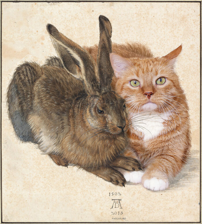 A fat orange cat posing beside a hare, a hilarious twist on a famous classical painting.