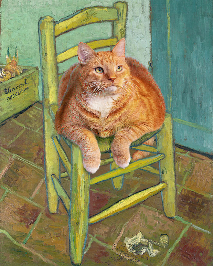 A fat orange cat sitting on a chair in a room, a hilarious twist on a famous classical painting by Van Gogh.