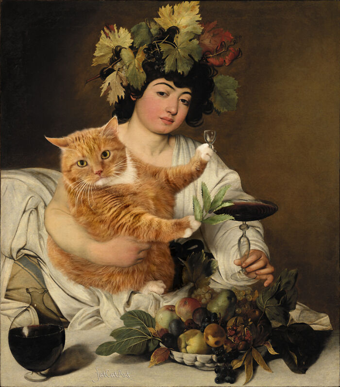 A fat orange cat being held by a figure in a classical painting, with a hilarious twist.