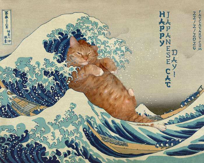 A fat orange cat relaxing on a large wave in a hilarious twist on a famous Japanese classical painting.
