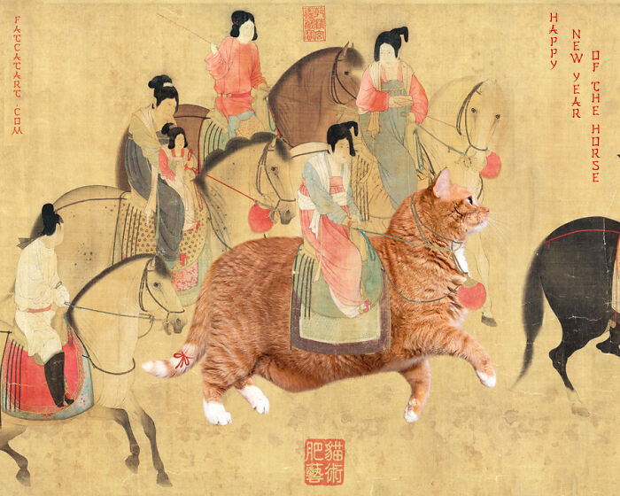 Hilarious twist on classical painting: a fat orange cat rides alongside horsemen, adding humor to the artwork.