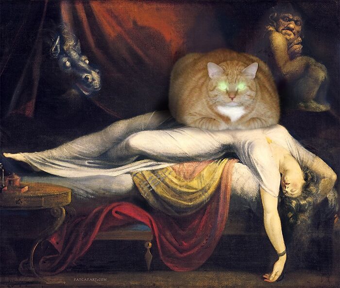 Hilarious twist on classical painting: a glowing-eyed fat orange cat rests on a sleeping figure in The Nightmare.