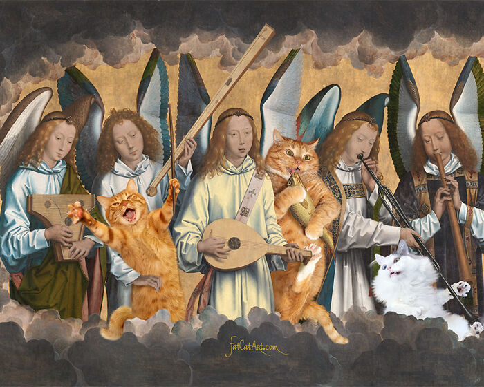 Hilarious twist on classical painting: fat orange cats join angels in a musical scene, adding a humorous twist.