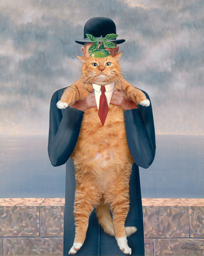 Hilarious twist on classical painting: a fat orange cat replaces the man's head in Son of Man, creating a funny scene.