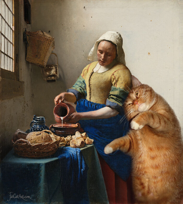 Hilarious twist on classical painting: a fat orange cat playfully interacts with The Milkmaid, adding a funny element.