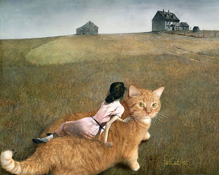 A girl riding a fat orange cat in a classical painting twist, across a grassy field with a house in the background.