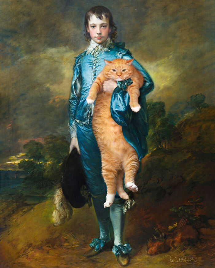 The Blue Boy holding a large fat orange cat, a hilarious twist on a famous classical painting.