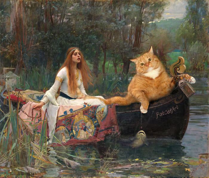 A woman in a boat with a fat orange cat, reimagining a classical painting with a funny cat.