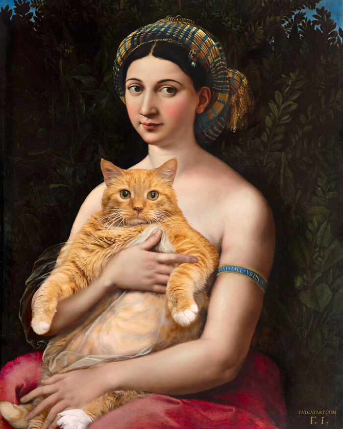 A woman holding a fat orange cat, a humorous twist on a famous classical painting portrait.