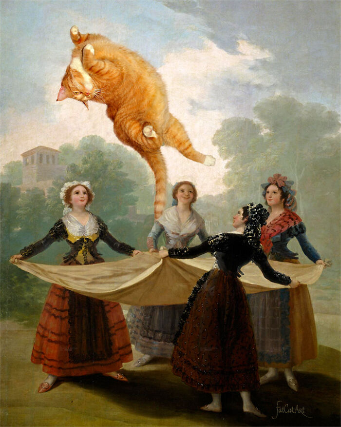 Four women tossing a fat orange cat in a blanket, a hilarious twist on a classical painting.