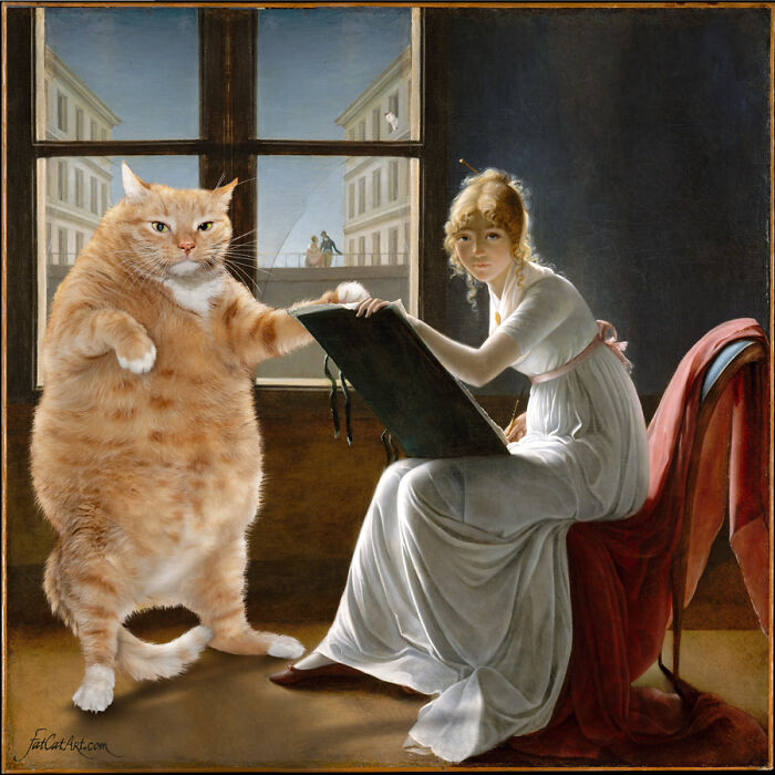 Hilarious twist on classical paintings: a fat orange cat stands beside a woman painting by a window.