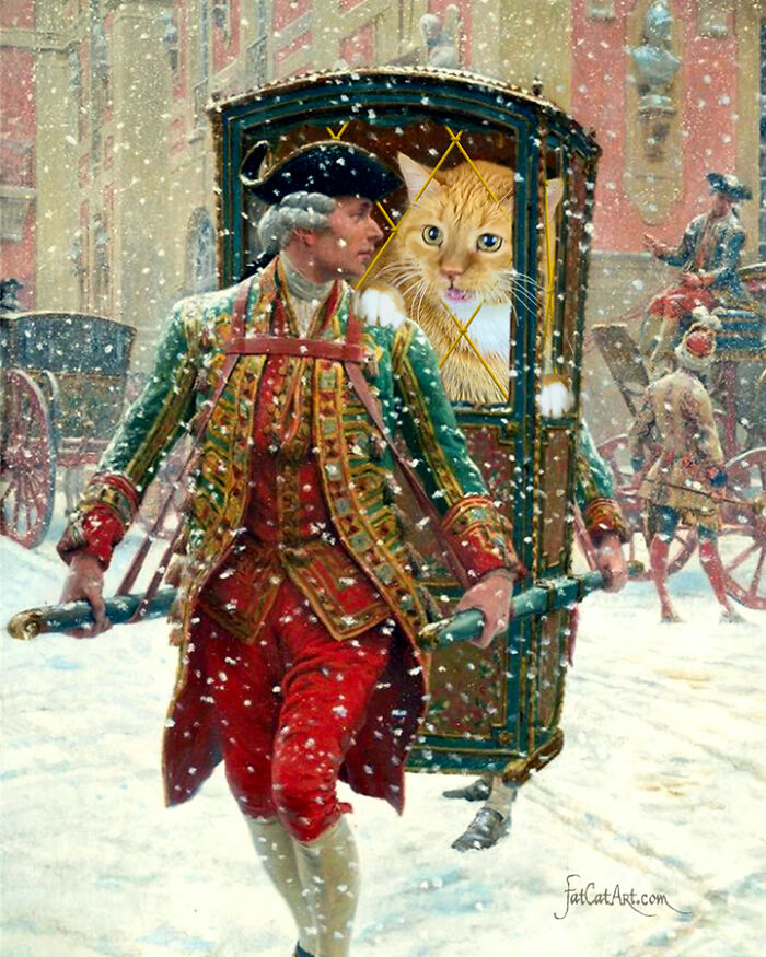 Hilarious twist on classical paintings: a fat orange cat peeks from a sedan chair carried by a man in snow.