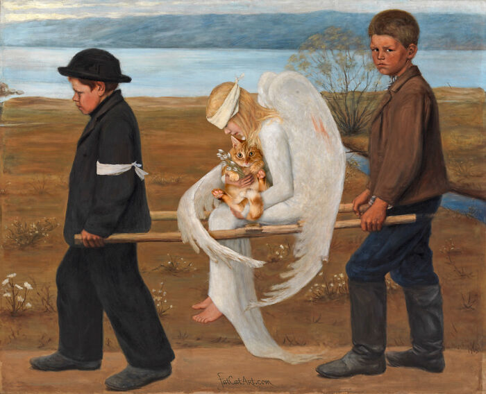 Hilarious twist on classical paintings: an angel carries a fat orange cat on a stretcher with two boys.