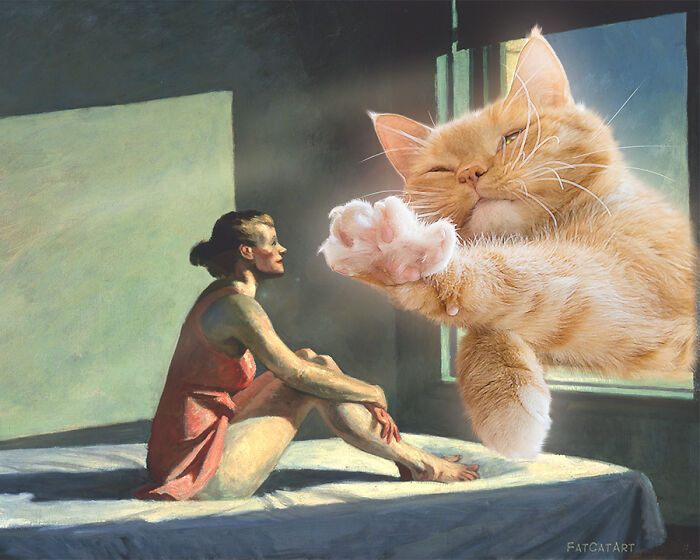 Hilarious twist on classical paintings: a giant fat orange cat reaches out to a woman in bed.