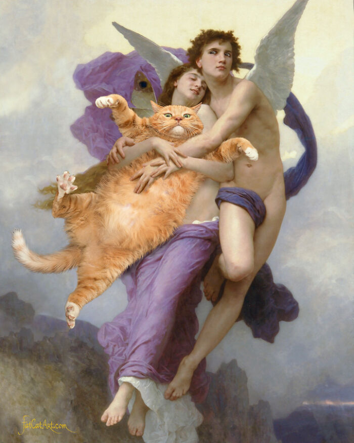 Hilarious twist on classical paintings: a fat orange cat held by angels, flying through the sky.