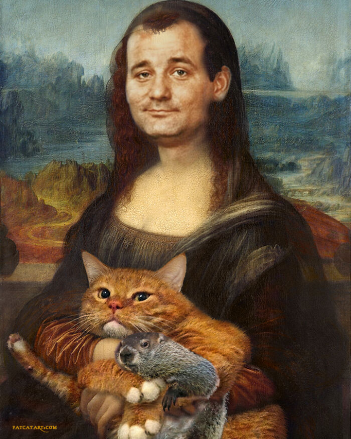 Mona Lisa with Bill Murray's face, holding a fat orange cat and a groundhog, a hilarious twist on classical paintings.
