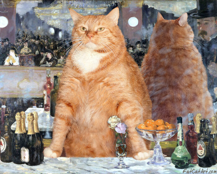 A massive fat orange cat sitting at a bar, reflected in a mirror, adding a hilarious twist to classical paintings.