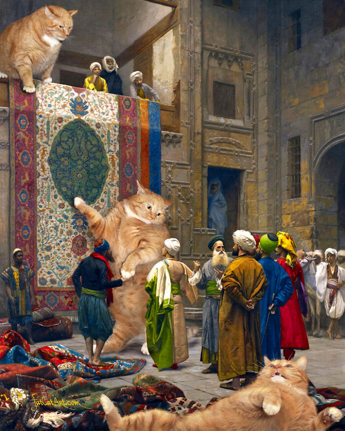 Multiple fat orange cats integrated into a Middle Eastern market scene, offering a hilarious twist on classical paintings.