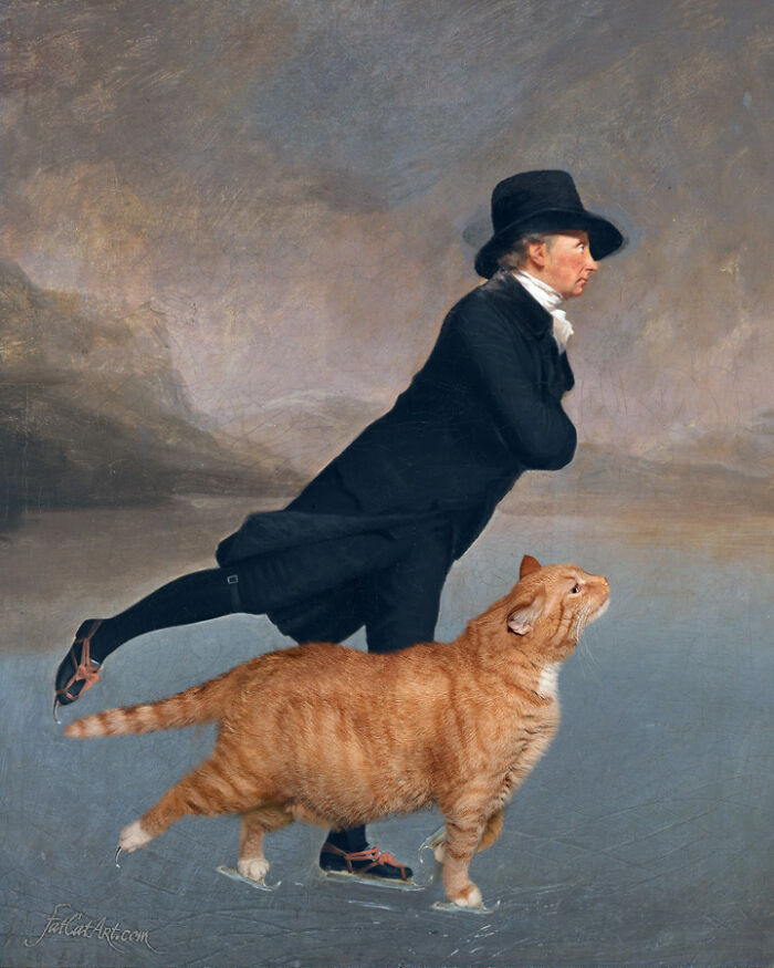 A fat orange cat ice skating alongside a man, creating a hilarious twist on classical paintings.