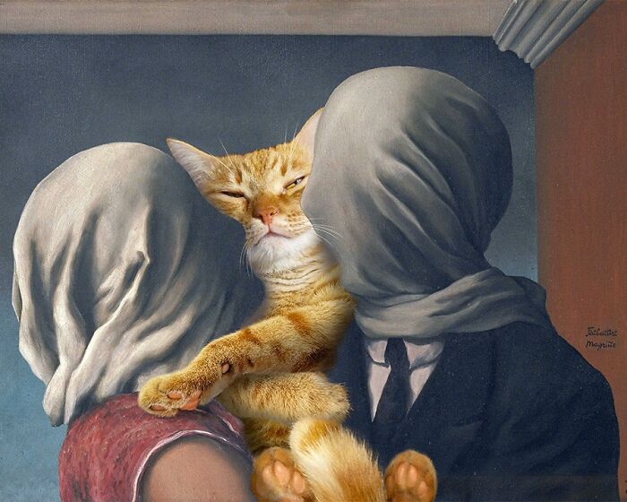 A fat orange cat inserted into The Lovers painting, offering a hilarious twist on classical paintings.