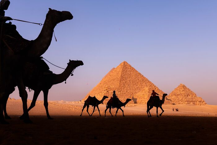 Murat Bakmaz captures the easily missed beauty of a camel caravan silhouetted against the Egyptian pyramids.