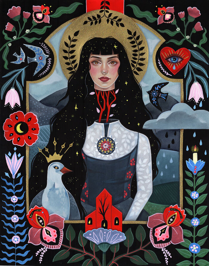 Folk-inspired artwork by Aunia Kahn showing a woman with flowing dark hair, a golden halo, and surrounded by a swan and symbolic elements.