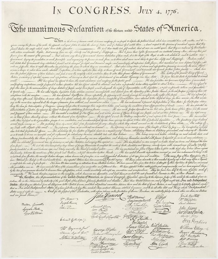 The United States Declaration of Independence, a historical document signed by people who got rich from their endeavors.