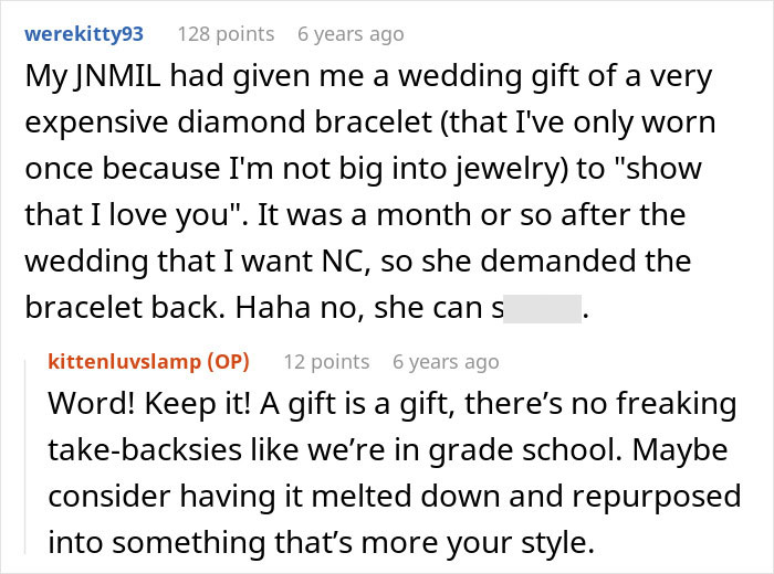 A Reddit comment where a user shares an experience about an ex-MIL demanding a wedding gift back, related to the topic of the ex-MIL wanting gift back. A Reddit comment where a user shares an experience about an ex-MIL demanding a wedding gift back, related to the topic of the ex-MIL wanting gift back.