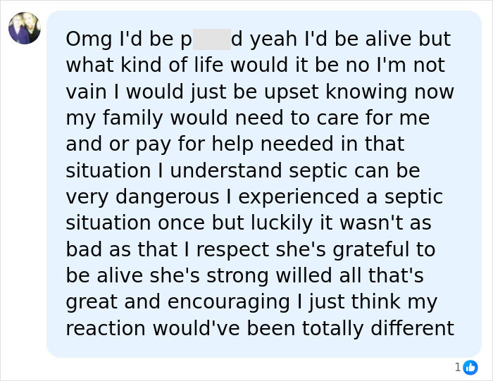 A social media comment expresses a mixed reaction to a woman's amputated limbs, acknowledging her bravery. A social media comment expresses a mixed reaction to a woman's amputated limbs, acknowledging her bravery.