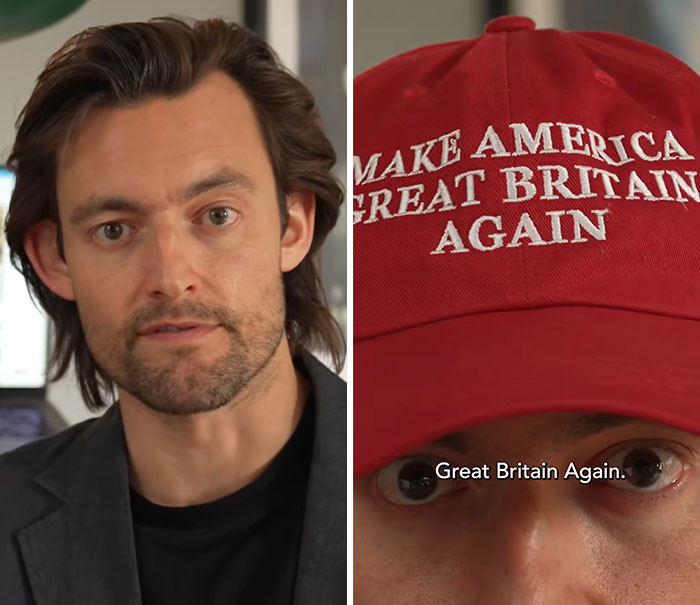 Split image showing a PhD woman looking seriously and a close-up of a red hat with Make America Great Britain Again, highlighting Two Americas.