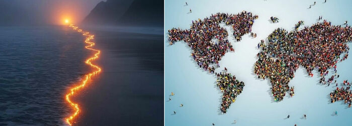 A map of the world made of people and a glowing path on water, learning new facts about humanity.