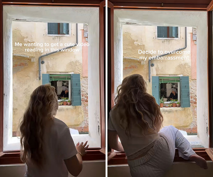 Influencer looking out a window in Venice, contemplating filming, then overcoming embarrassment to film Venetians. Influencer looking out a window in Venice, contemplating filming, then overcoming embarrassment to film Venetians.