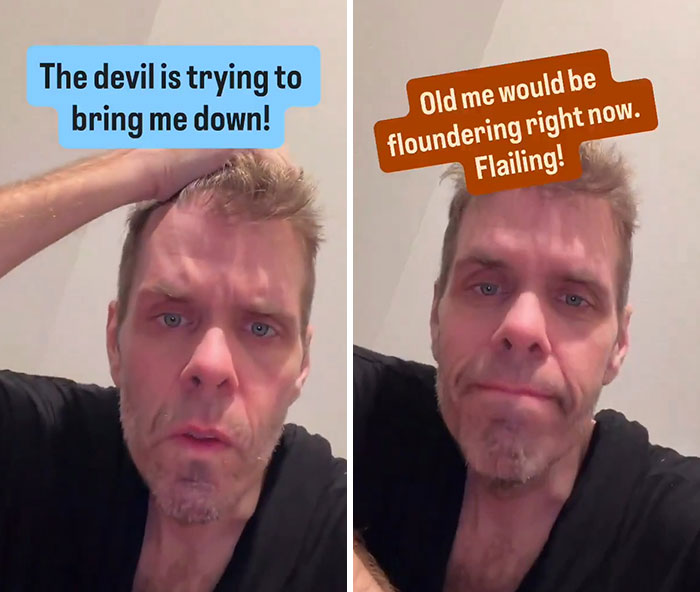 Perez Hilton in a split image with text overlays: The devil is trying to bring me down! and Old me would be floundering right now. Flailing! Perez Hilton in a split image with text overlays: The devil is trying to bring me down! and Old me would be floundering right now. Flailing!