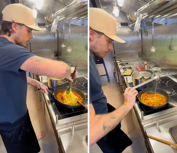 A two-panel image showing Brooklyn Beckham in a cooking video, making pasta in a kitchen setting.