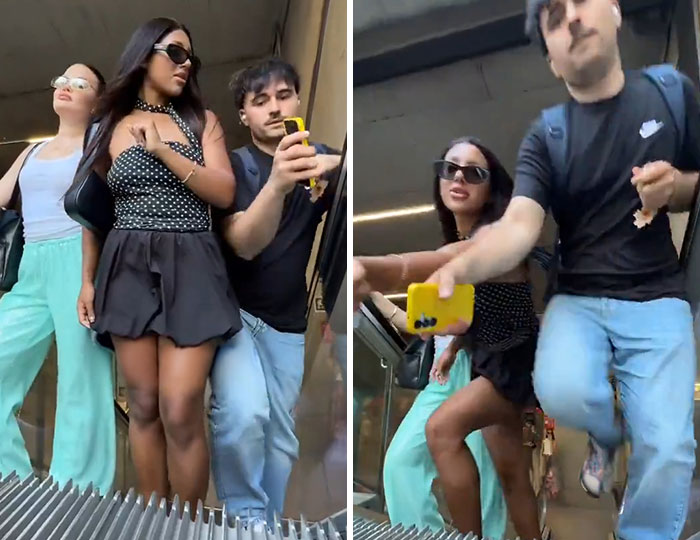Two women filming a video on a busy metro station escalator as a man pushes past them. Two women filming a video on a busy metro station escalator as a man pushes past them.