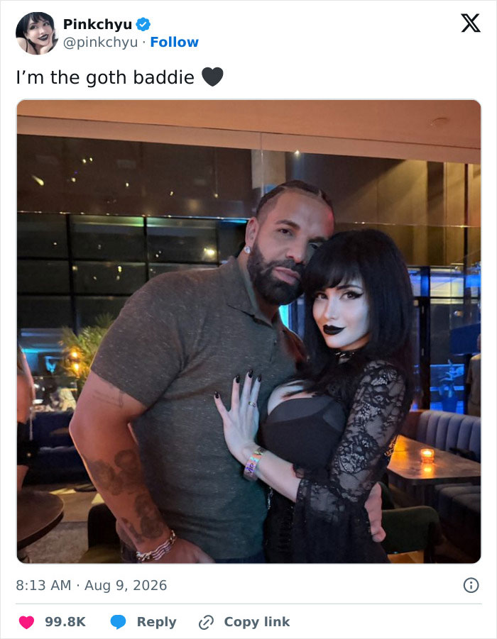 Drake and a Goth Baddie in a black dress, posing for a photo, shared by @pinkchyu. Drake and a Goth Baddie in a black dress, posing for a photo, shared by @pinkchyu.
