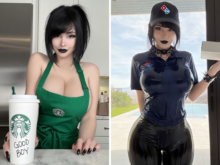 A Goth Baddie in two adult content cosplays: a Starbucks barista uniform and a wet Domino's delivery outfit. A Goth Baddie in two adult content cosplays: a Starbucks barista uniform and a wet Domino's delivery outfit.