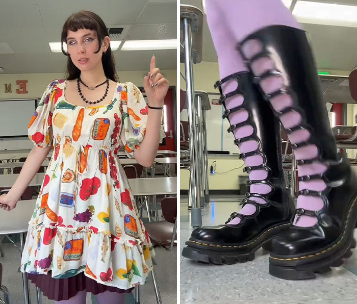 Teacher's OOTD post sparks controversy, featuring a teacher in a classroom wearing a colorful dress and unique tall boots, discussing dress codes. Teacher's OOTD post sparks controversy, featuring a teacher in a classroom wearing a colorful dress and unique tall boots, discussing dress codes.