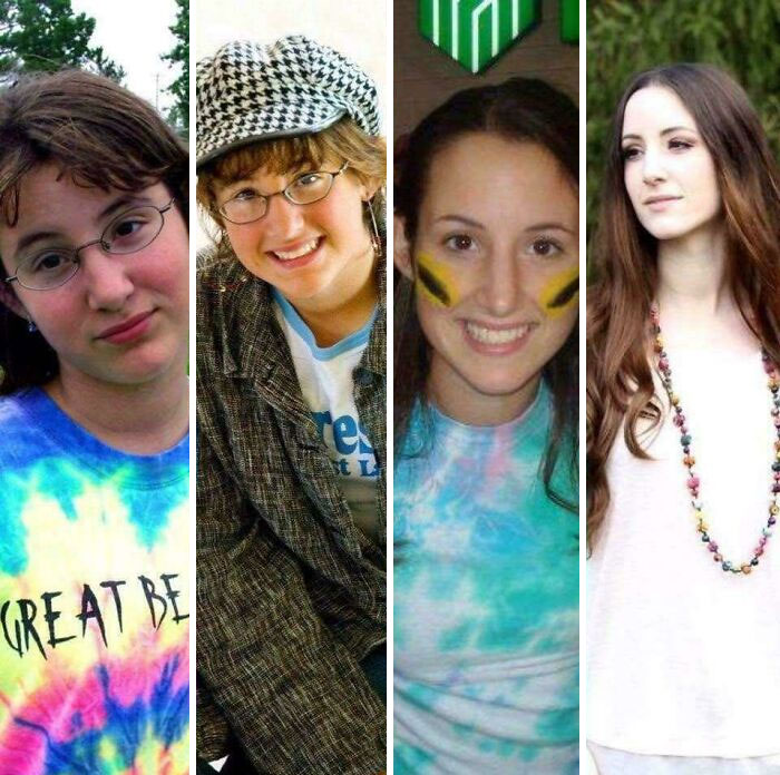 Four photos showcase an ugly duckling transformation, revealing an incredible transformation over time.