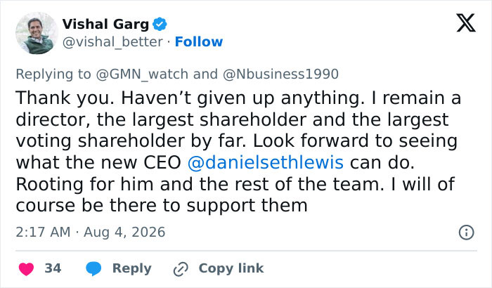 Tweet by Vishal Garg, CEO who went viral for firing 900 employees, about his continued role as director.