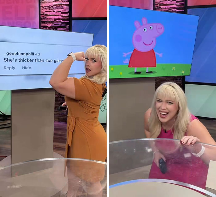 News anchor flexing her bicep next to a hateful comment, and laughing next to a screen with Peppa Pig, viral news anchor. News anchor flexing her bicep next to a hateful comment, and laughing next to a screen with Peppa Pig, viral news anchor.