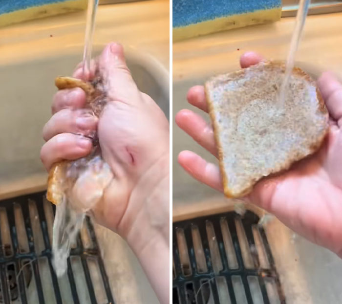 Hands washing bread under running water, which disintegrates, revealing fake foods Americans eat. Hands washing bread under running water, which disintegrates, revealing fake foods Americans eat.
